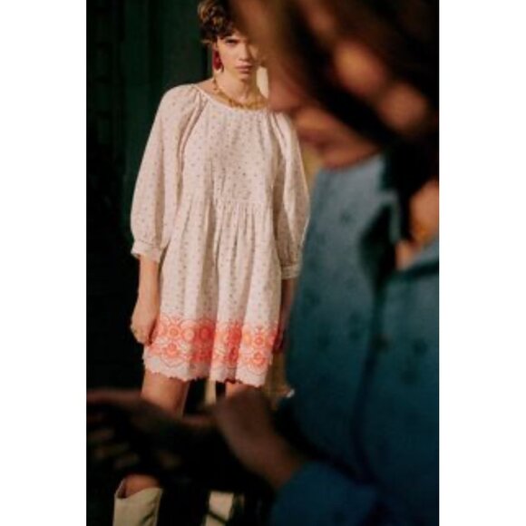 Sezane Grace Embroidery Midi Dress Large 44 Ballon Sleeves Linen Polka Dots Bows - Picture 2 of 16